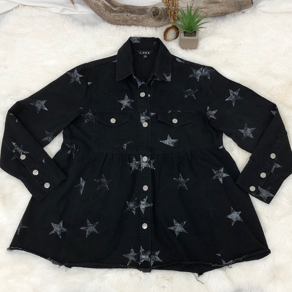 Black with White Stars Babydoll Long Sleeve Soft Lightweight Denim Top